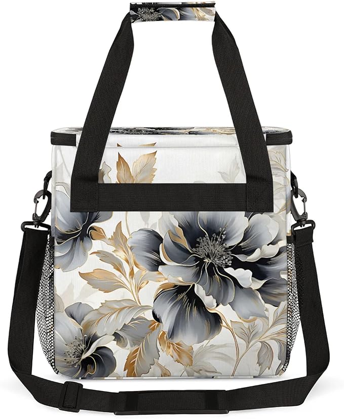Gray Gold Marble Floral Coffee Maker Carring Bag Large Insulated Storage Organizer Case Tote Bags with Shoulder Strap for Travel Work Picnic