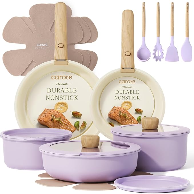 CAROTE Pots and Pans Set Non Stick Cookware Sets 19pcs Kitchen Set Oven/Fridge Safe Space Saving Pots Set Nonstick Set with Versatile Removable/Detachable Handle Induction RV Set Purple