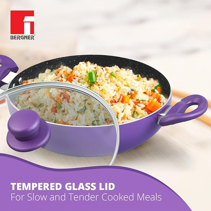 Bergner Albarino Non-Stick 4 Pcs Cookware Set - 24cm (2.5 L) Kadai with Glass Lid 24cm Frypan and 28cm Tawa Bakelite Handle Minimal Oil Use - Induction Bottom Diwali/Anniversary Gifting (Purple)