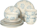 Gibson Home Admiral Hall 12-Piece Matte Stoneware Dinnerware Set – Dinner Plates Salad Plates &amp Bowls with Blue Floral Pattern Durable Everyday Dish Set Microwave &amp Dishwasher Safe