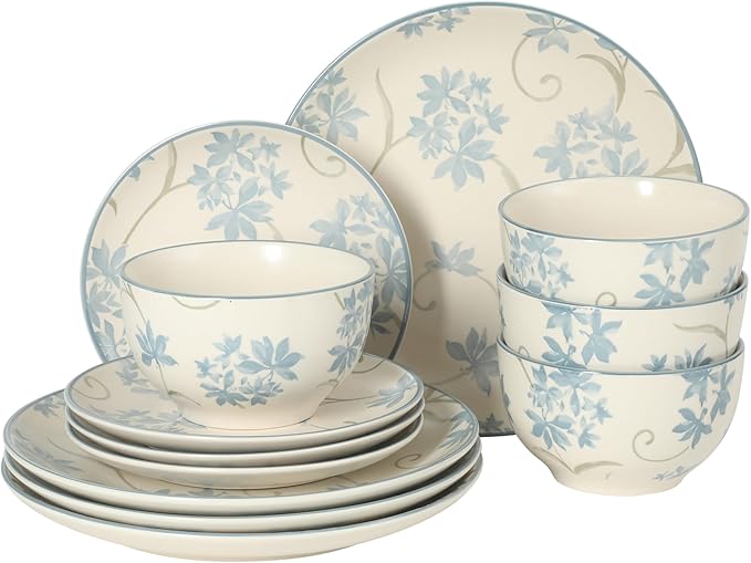 Gibson Home Admiral Hall 12-Piece Matte Stoneware Dinnerware Set – Dinner Plates Salad Plates &amp Bowls with Blue Floral Pattern Durable Everyday Dish Set Microwave &amp Dishwasher Safe