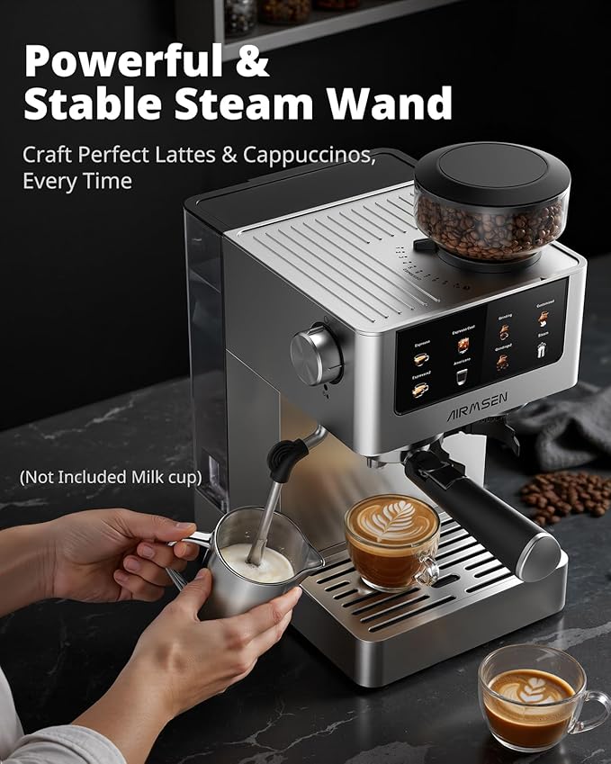 AIRMSEN Espresso Machines with Burr Grinder 20 Bar Milk Frother Steam Wand Stainless Steel Coffee Maker for Home - Cappuccino Latte &amp Cold Brew Iced Coffee Maker &amp Americano