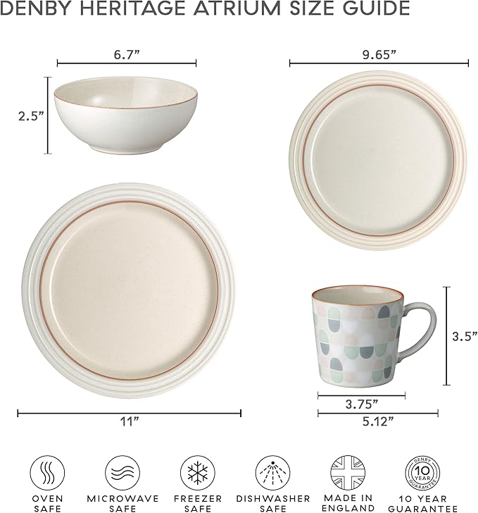 Denby - Heritage Atrium Dinner Set For 4-12 Piece Natural Ceramic Stoneware Tableware Set - Dishwasher &amp Microwave Safe - Scratch Resistant - 4 x Dinnerware Plates Side Plates &amp Bowls For Eve