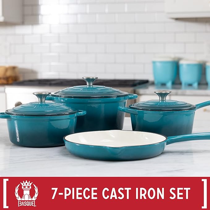 Basque Enameled Cast Iron Cookware Set 7-Piece Set (Biscay Blue) Nonstick Oversized Handles Oven Safe Skillet Saucepan Small Dutch Oven Large Dutch Oven 10.25 2QT 2.25QT 4.75QT