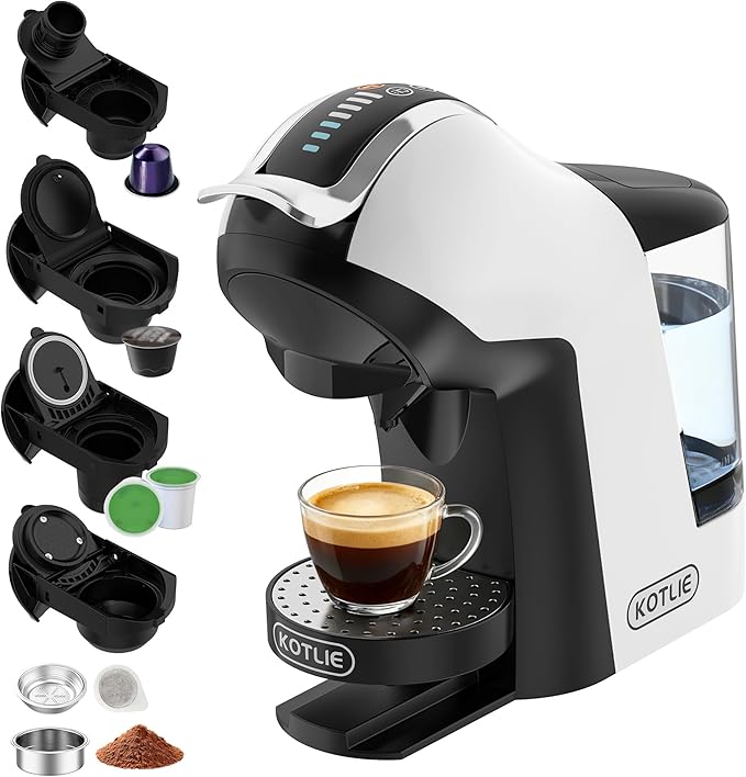 KOTLIE EM-308B Espresso Machine Single Serve Coffee Maker Compatible with Multiple Capsule Types Ground Coffee and ESE Pods 3 Temperatures 7 Water Volume Levels 34 Oz（White）