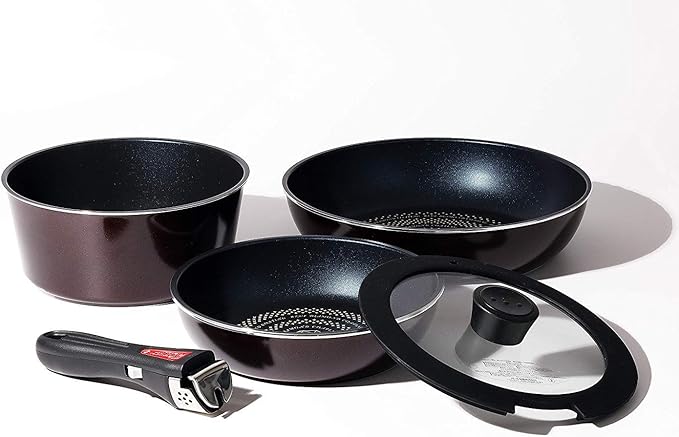 Pearl Metal HB-3497 5-Piece Frying Pan and Pot Set Induction Compatible Brown Diamond Coat Removable Handle Set 5