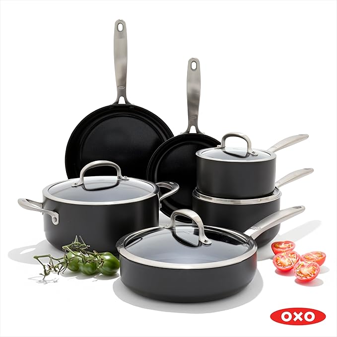 OXO Enhanced 10 Piece Cookware Pots &amp Pans Set PFAS-Free Ceramic Nonstick Durable Hard Anodized Cookware Scratch Resistant Stainless Steel Handle Good Grips Dishwasher &amp Oven Safe Black