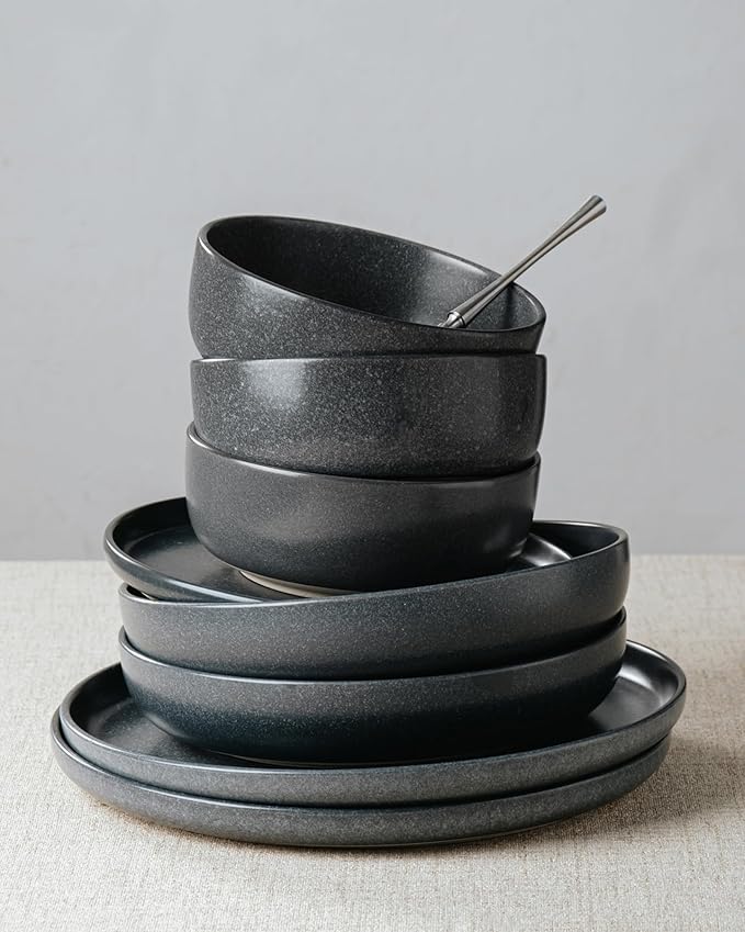 Famiware Milkyway Plates and Bowls Sets 24 Pieces Dinnerware Sets Reactive Glaze Dish Set Stoneware Dishes Set for 8 Matte Dark Charcoal