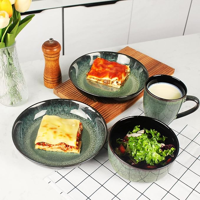 Dinnerware Sets(12Pcs) Serves for 4 Reactive Glaze Plates and Bowls Set with Mug8.3Salad Plates5.5bowls Modern kitchen tableware Microwave safe Set No.8