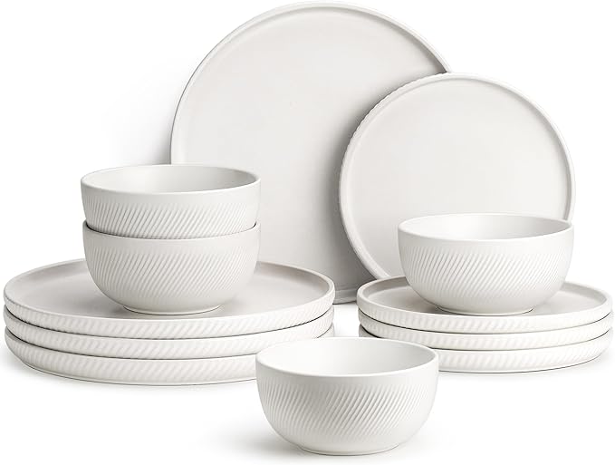 Earthsong Dinnerware Sets for 4 12-Piece Ceramic Plates and Bowls Set Dishwasher and Microwave Safe Stoneware Dishes Set Ribbed Snowcrest White