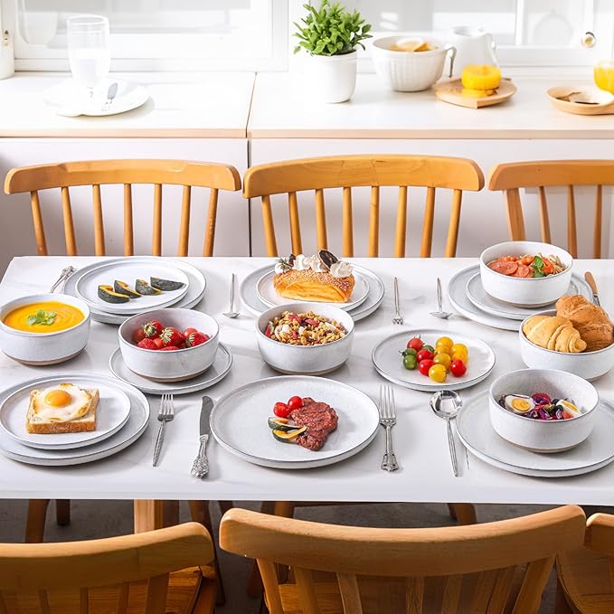 Hasense 22 pieces dinnerware set with plates bowls and mugs set for home and kitchen white stoneware dish set