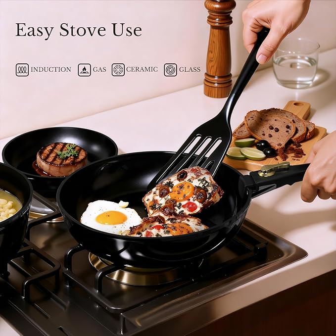 Pots and Pans Set Non Stick Ceramic Cookware Set Detachable Handle RV Camping Kitchen Cooking Set Removable Handles Dishwasher/Oven/Fridge Safe Induction Space SavingBlack Gold