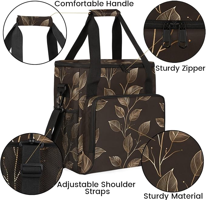 Leaf Plant Theme Coffee Maker Travel Bag for Keurig K-Mini/K-Mini Plus Insulated Waterproof Tote with Pockets for K-Cup Portable Single-Serve Brewer Case