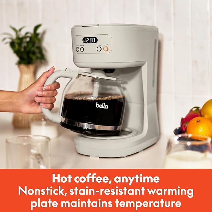 BELLA 12 Cup Programmable Coffee Marker Reusable Dishwasher Safe Accessories Easy LCD diaply Auto Shutoff 900 watt Oatmilk