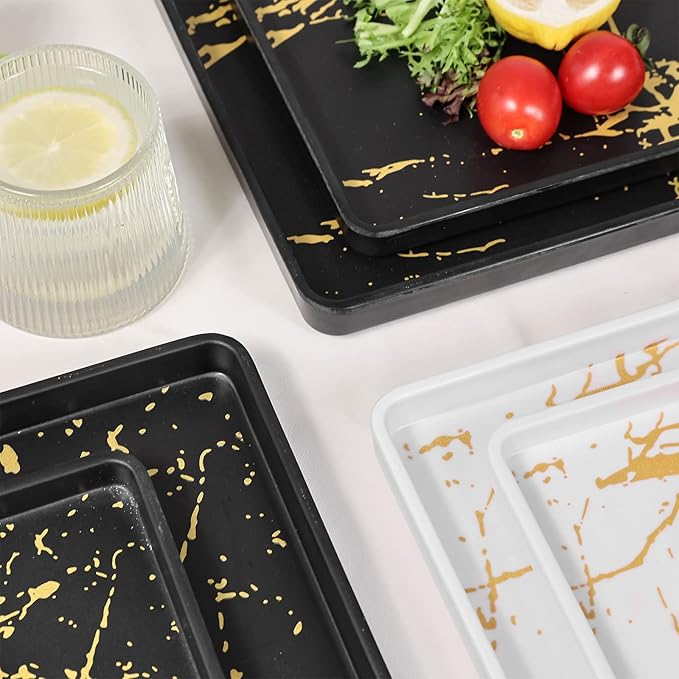 Square Melamine Dinnerware Sets of 12 PcsSquare Plates and Bowls SetsUnbreakable Dish Set for 4Lightweight Dishwasher Safe and BPA FreeSuit for RVCamping （Black and White）