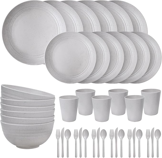 EI 42pcs Wheat Straw Dinnerware SetUnbreakable Reusable Plastic PlatesBig Bowls and Pltes for KitchenGrey Plates and Bowls Setsfor Family DinnerCampingPicninc