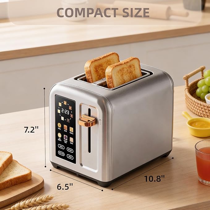 2-Slice Toaster with Touch Screen 7 Shade Settings Extra Wide Slots 6 Bread Function Stainless Steel with High Lift Lever Removable Crumb Tray 1350W (Silver)