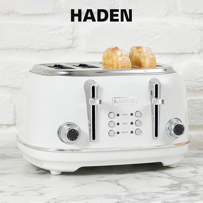 Haden Heritage 4 Slice Wide Slot Stainless Steel Toaster Bundled with 12 Cup Programmable Drip Coffee Maker Coffee Machine Ivory &amp Chrome