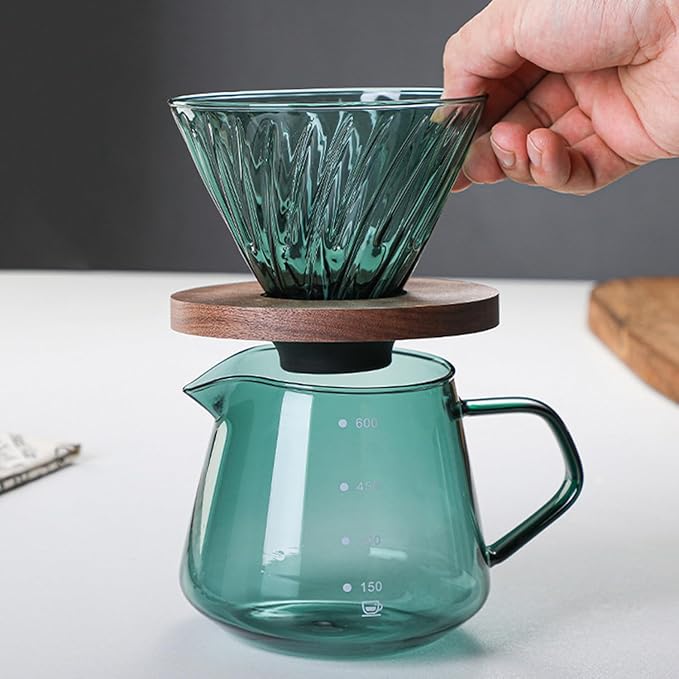 Pour Over Coffee Maker Set 600ML Glass Carafe Coffee Server with Dripper Set V60 Glass Coffee Filter with Wood Base for Home Office Gift 1-4 Cups