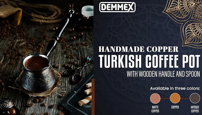 DEMMEX 15 Oz Thickest Copper Turkish Greek Arabic Coffee Pot Stovetop Coffee Maker Cezve Ibrik Briki with Wooden Handle &amp Spoon Hand Engraved (Matte Copper 6 Servings)
