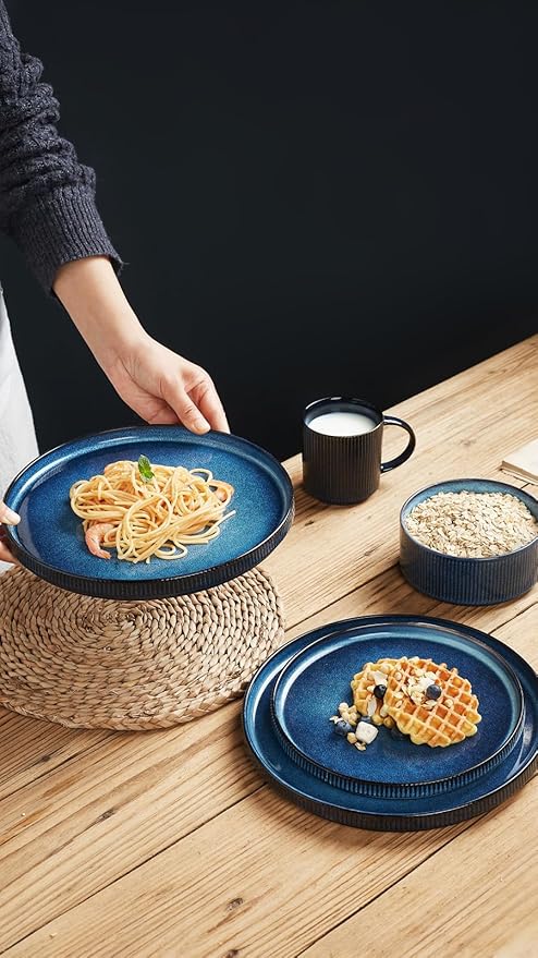 Famiware Star Dinnerware Set with Plates Bowls and Mugs Service for 4 (16-Piece) Stoneware Kitchen Dishes Dinner Plates - Nebulas Blue