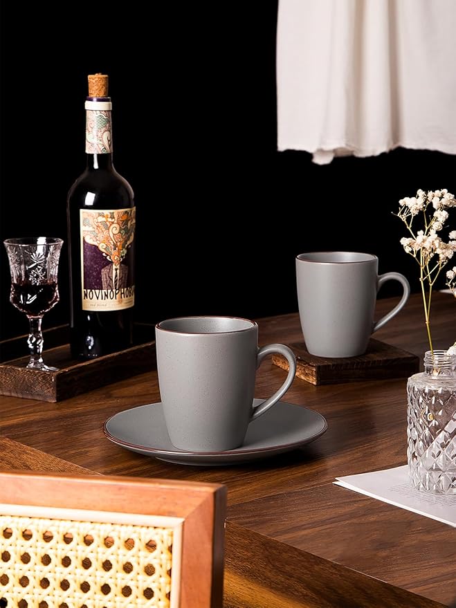 Famiware Venus Plates and Bowls Sets with Coffee Mugs Set 18 Pieces Stoneware Dinnerware Sets Dark Gray