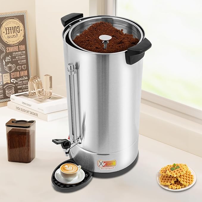 25L Stainless Steel Coffee Urn Commercial Electric Hot Water Dispenser with Dripping Tray No-Temp-Knob Silver Boiler for Catering Party Church Office Large Capacity Percolator Brewer Coffee Maker