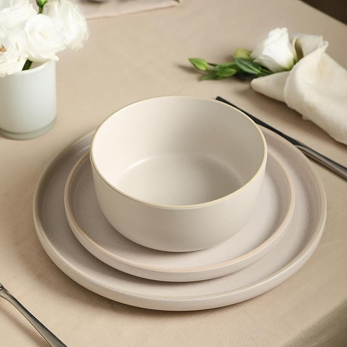 Earth &amp Clay Amber 24-Piece Dinnerware Set Stoneware Dishwasher and Microwave Safe Plates and Bowls Set Dish Set for 8 White Speckled
