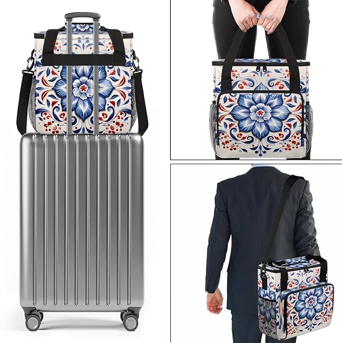Floral Art Coffee Maker Travel Bag for Keurig K-Mini/K-Mini Plus Insulated Waterproof Tote with Pockets for K-Cup Portable Single-Serve Brewer Case