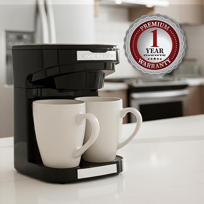 OVENTE Double Drip Coffee Maker with 2 Ceramic Mugs and Auto Shut Off Small Dual Drip Coffee Maker Machine Works with Ground Coffee Only Compact Kitchen or Office Essential Black CMDD2MB