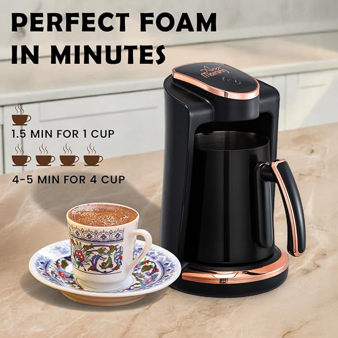 Any Morning Turkish &amp Greek Coffee Maker-Machine 1 to 4 Cups Capacity 100% BPA Free 400W Electric Coffee Pot with Cook Sense Technology Anti-Spill Design Authentic Foamy Brew Black