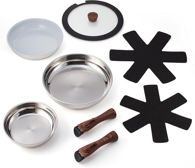 Ergo Chef Pro Series 8pc Smart Pan Set Removable Handles space-saving for kitchens RVs &amp Camping Compatible with electric gas &amp induction stoves stainless steel pans &amp ceramic PTFE &