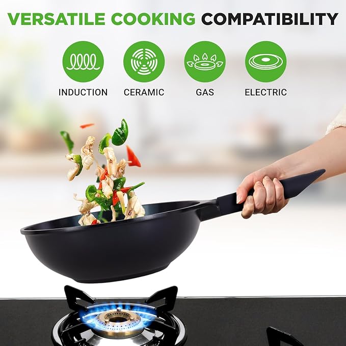 NutriChef NonStick Frying Pans – 5-Piece Skillet Set with Ceramic Coating Wok Grill Fry &amp Fish Pans – Compatible with All Cooktops Including Induction – Cool-Touch Handles Easy-Clean