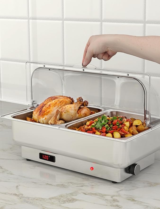 Electric Chafing Dishes Set – 2-Pack 4.5QT Stainless Steel Buffet Servers – Roll Top with Transparent Lid – Adjustable Temperature – Food Warmer for Catering Parties Weddings – 2 * 1/2
