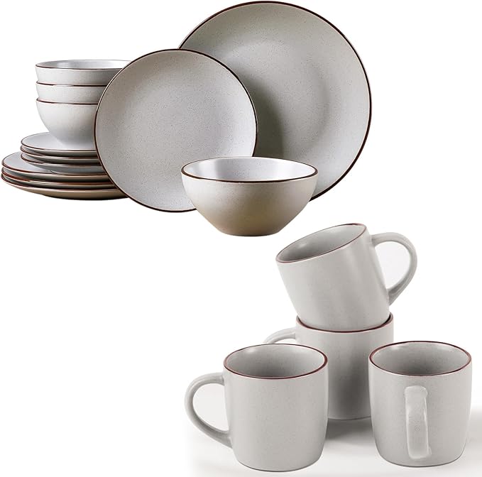 Famiware Venus Dinnerware Sets and Mercury Coffee Mugs Set of 4 16 Pieces Plates and Bowls Sets Microwave and Dishwasher Safe Light Gray