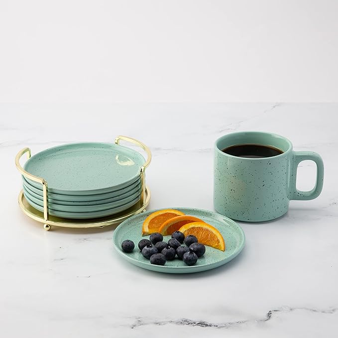 Thirstystone Dinnerware Plates &amp Iron Caddy for Carrying Assorted Speckled Designs Made from Ceramic Set of 6 - Mohave Mint