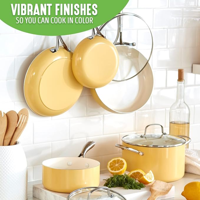 GreenLife Artisan Healthy Ceramic Nonstick 12 Piece Cookware Pots and Pans Set Stainless Steel Handle PFAS-Free Dishwasher Safe Oven Safe Yellow