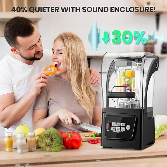 Huanyu Commercial Blender 2L 68OZ 2200W Quiet Professional Blenders with Sound Enclosure for Smoothies with Self-Cleaning Function Black