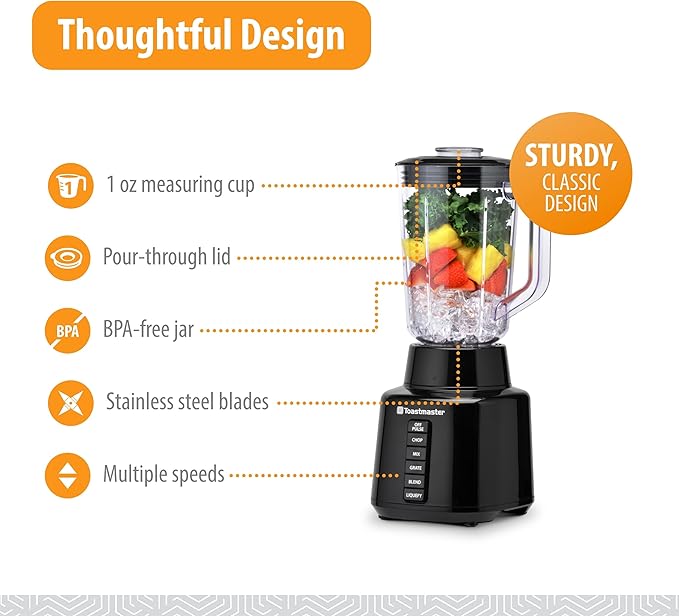 Toastmaster 5 Speed Blender with 48-oz Plastic Jar - Kitchen Blender with Stainless Steel Blades - For Fruit Smoothies &amp More - Multiple Speeds &amp Pour-Through Lid
