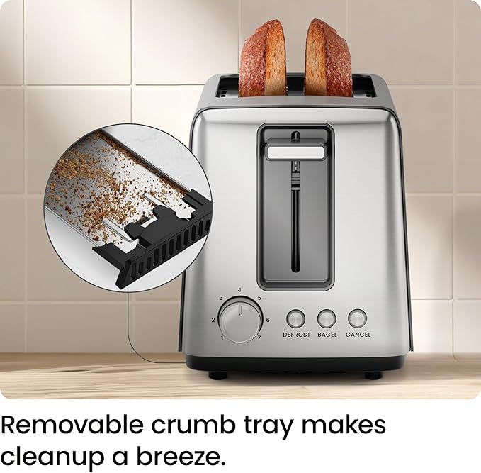 Chefman 2 Slice Toaster 7 Shade Settings Removable Crumb Tray Thick Bread and Bagel Toaster with Defrost and Cancel Buttons – Black