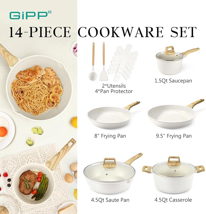GiPP Pots and Pans Set Non Stick - 14 Pcs White Granite Kitchen Cookware Sets Nonstick Induction Cookware Cooking Pan Set with Frying Pans Saucepans and Silicone Utensils PFOS &amp PFOA Free