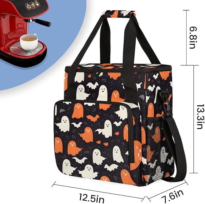 Retro Halloween Ghosts Coffee Maker Carrying Bag Travel Storage Bag Compatible with K-Mini or K-Mini Plus Single Serve Coffee Brewer Carrying Case with Multiple Pockets &amp Shoulder Strap