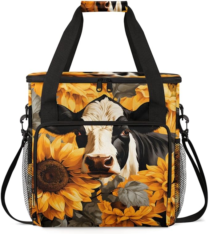 Cow Sunflowers Coffee Maker Carrying Bag Portable Travel Storage Tote Bag Compatible with K-Mini or K-Mini Plus Single Serve Coffee Brewer Carrying Case with Multiple Pockets &amp Shoulder Strap