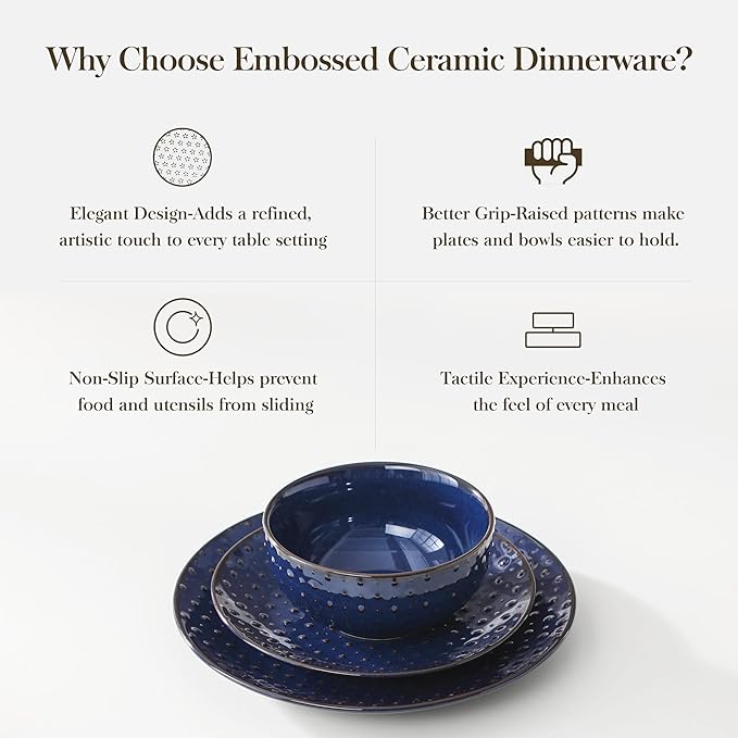 MALACASA 12 Pieces Dinnerware Sets Modern Plates and Bowls Sets Blue Dish Set for 4 Kitchen Ceramic Dinner Plates Dishware Set Microwave and Dishwasher Safe Series LYDIA