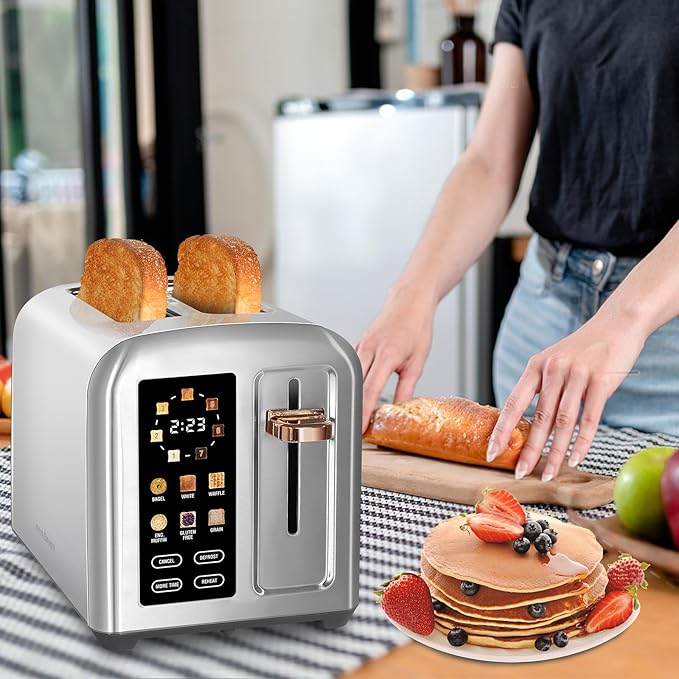 SEEDEEM Toaster 2 Slice Full Touch Control Stainless Toaster LCD Display 50% Faster Heating Speed 6 Bread Type 7 Shade Setting 1.5''Wide Slots Removable Crumb Tray 1350W Silver Metallic