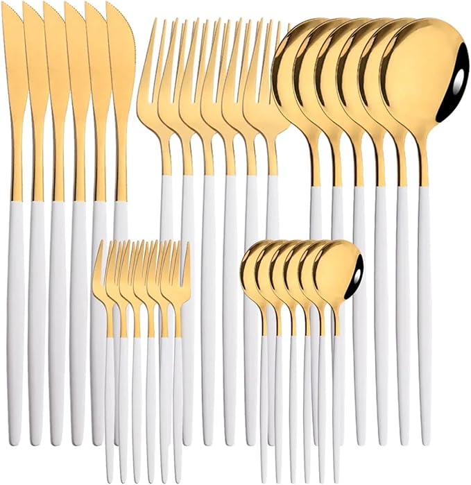 pureza 30Pcs Stainless Steel Black Gold Dinnerware Set - Cutlery Set For Kitchen &amp Dining Table(White Gold)