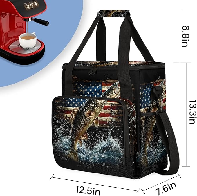 Vintage American Flag Coffee Maker Travel Bag Bass Fish Insulated Grocery Bag Travel Picnic Leakproof Cooler Bags With Shoulder Strap