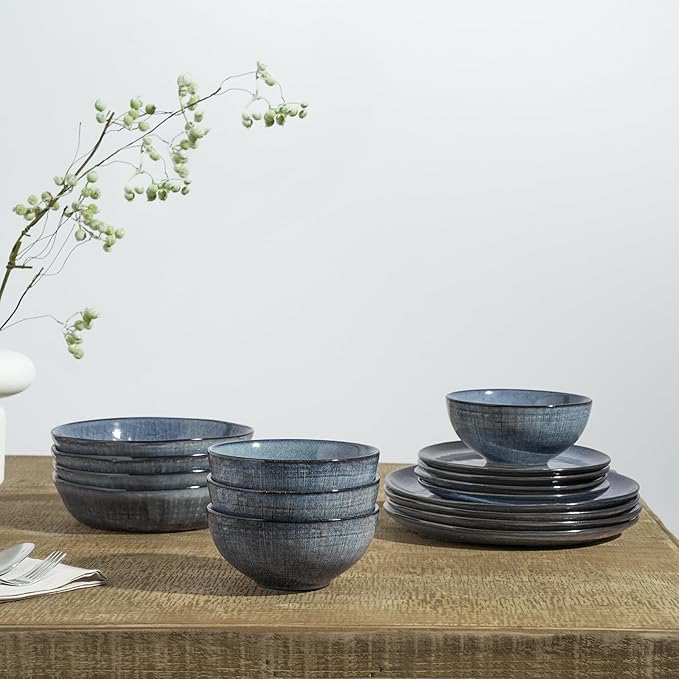 Famiware Moonlight Plates and Bowls Sets 18 Pieces Stoneware Dinnerware Sets with Linen Finish Handmade Dishware set for 6 Microwave and Dishwasher Safe Scratch Resistant Tableware Dark Blue