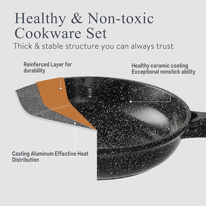 Pots and Pans Set Non Stick Non-Toxic 22 Pcs Ceramic Cookware Sets Nonstick Kitchen Pot&ampPan With Lid Black Granite Induction Compatible with Glass Lids Crepe Frying Pan PFOA/PFOS-Free