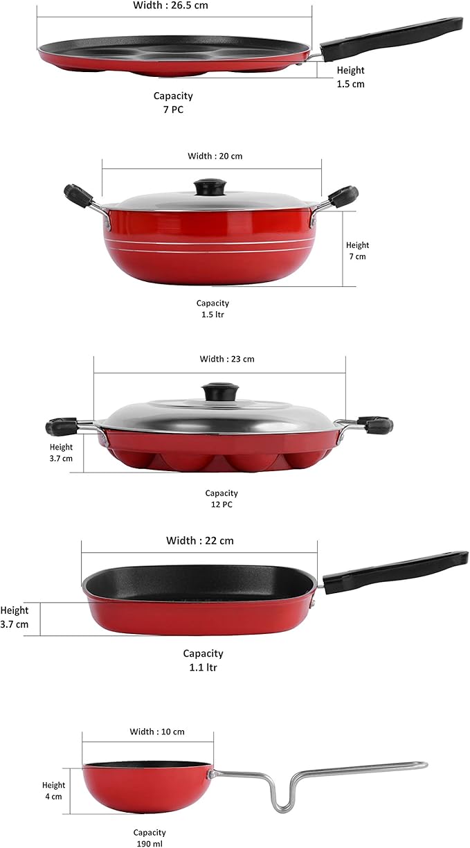 Sumeet 2.6mm Thick Non-Stick Red Wave Cookware set (Multi snack maker – 26.5cm Dia + Kadhai With Lid – 1.5Ltr + Grill Appam Patra With Lid – 23cm Dia + Grill Pan – 1.1Ltr + Tadka Pan – 10cm Dia)
